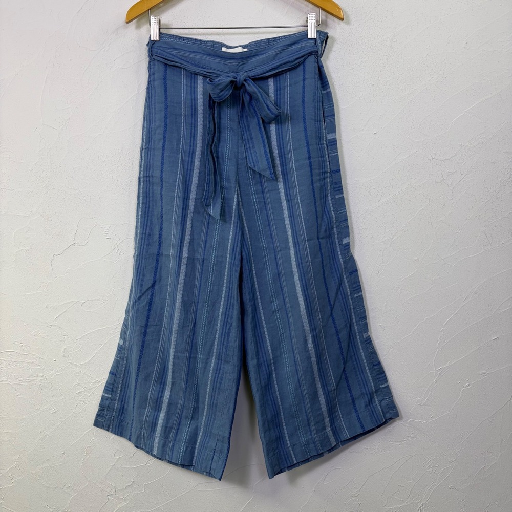 Anthropologie Wide Leg Pants Linen Cotton Striped Culotte Women Medium Blue Boho